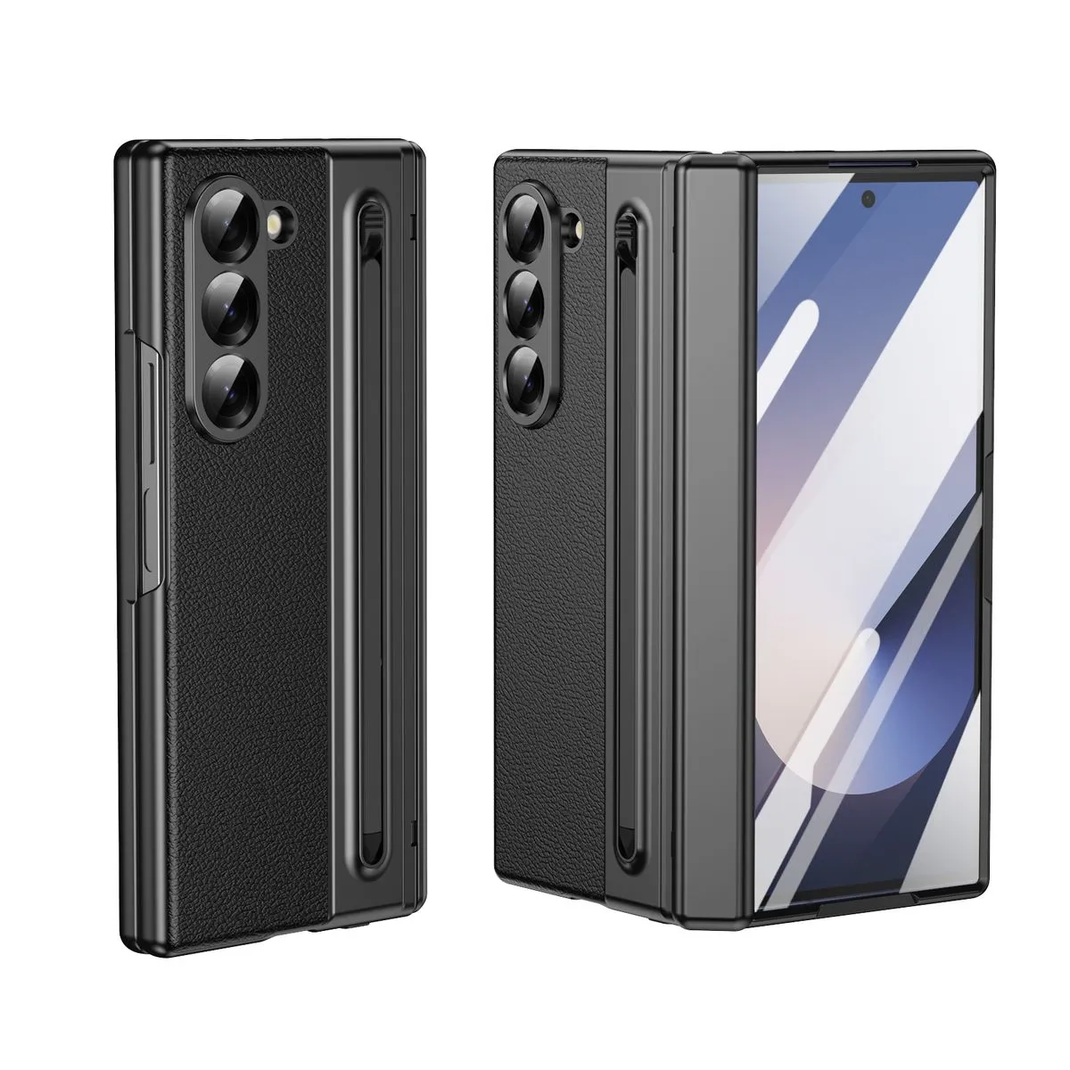 Phone Case Compatible With Samsung Z Fold 6 Leather Hinge Folding Cover - Black