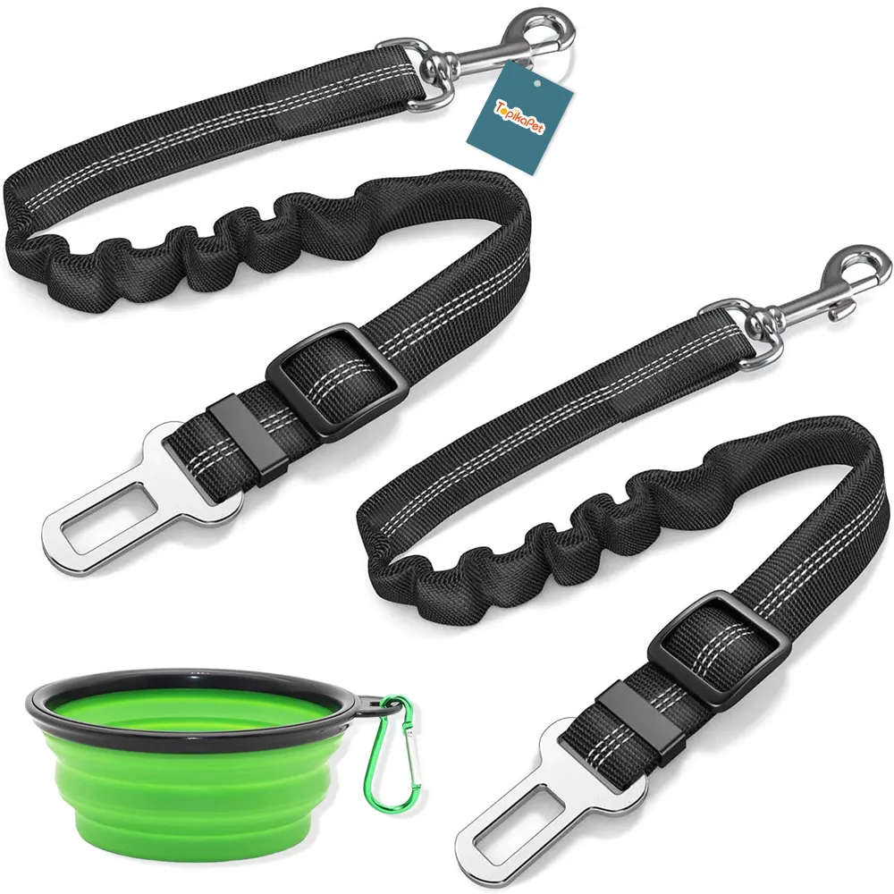 TopikaPet - 2xRetractable Dog Car Seat Belts with Dog Bowl, Shock Absorbing