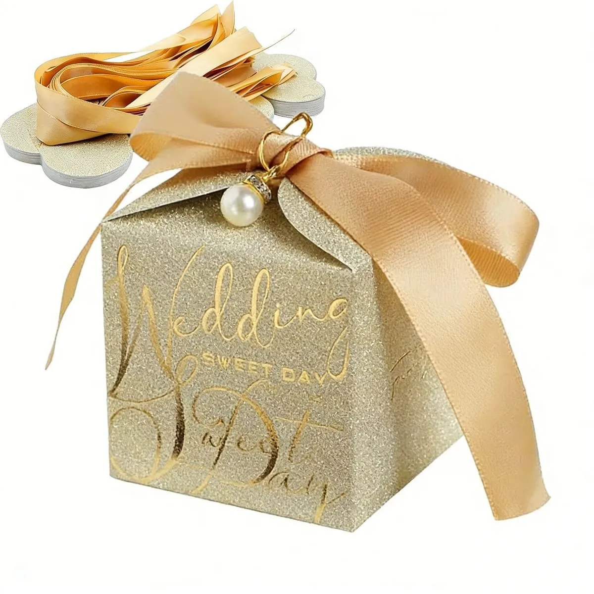 10Pcs Gold Glitter Gift Boxes with Ribbon & Pearl for Wedding/Party 8x8cm