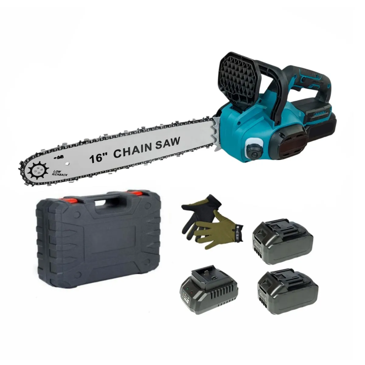 16 Inch Cordless Brushless Chain Saw With Batteries, Case, Charger & Gloves