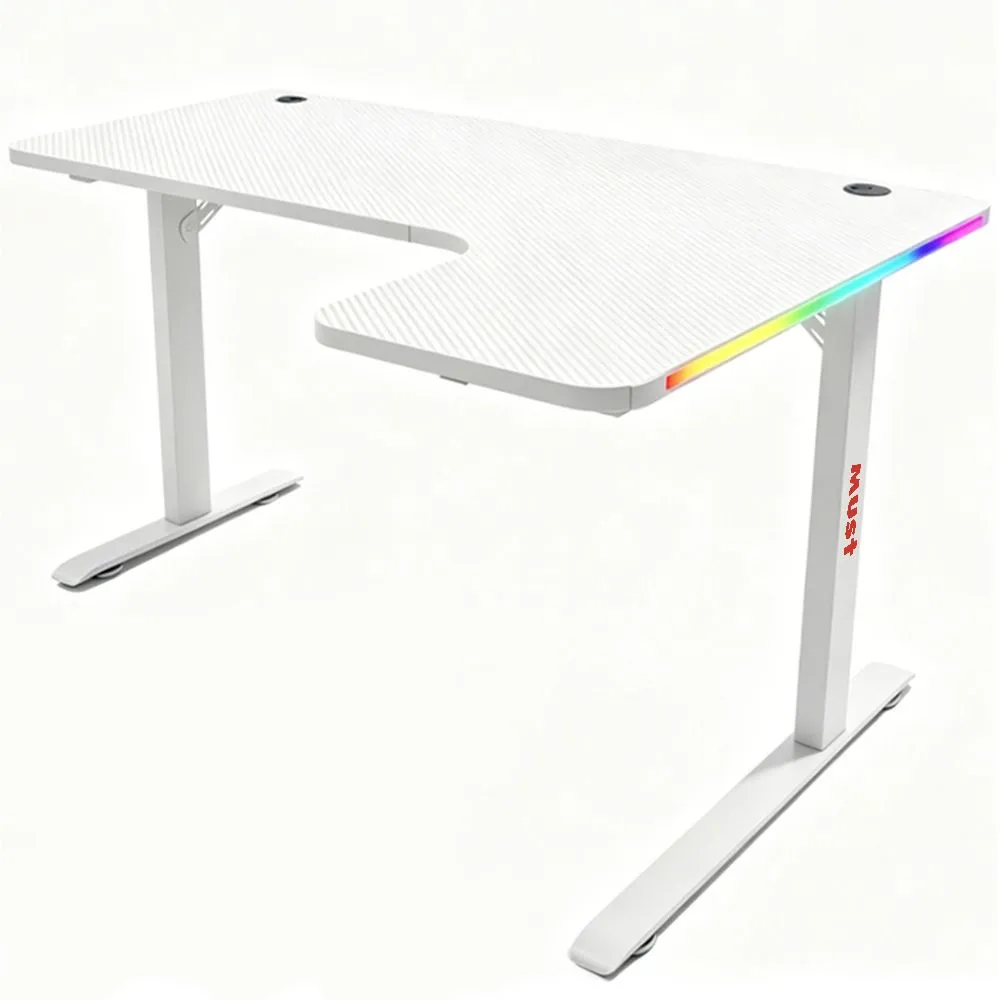 MUST L Shaped Gaming Desk with RGB Lights Home Office Corner Desk - White