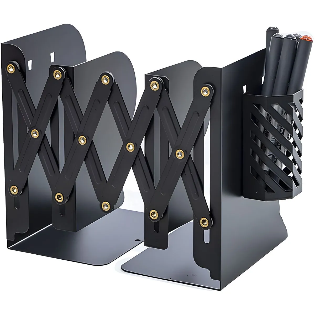 Expandable Bookend with Pen Holder Adjustable Book Shelf Organizer Holder - Black