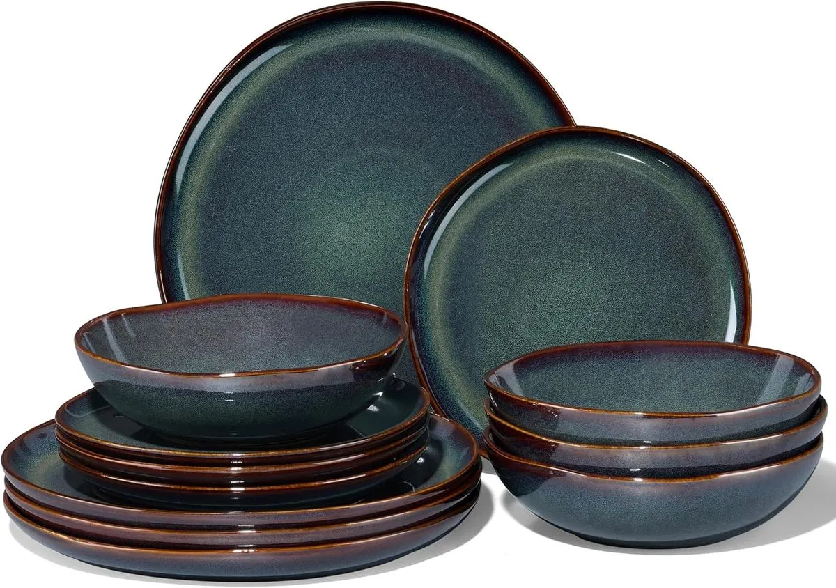 HOMGEM 12 Pieces Stoneware Dinnerware Sets for 4, Plates and Bowls Set - Blackich Green