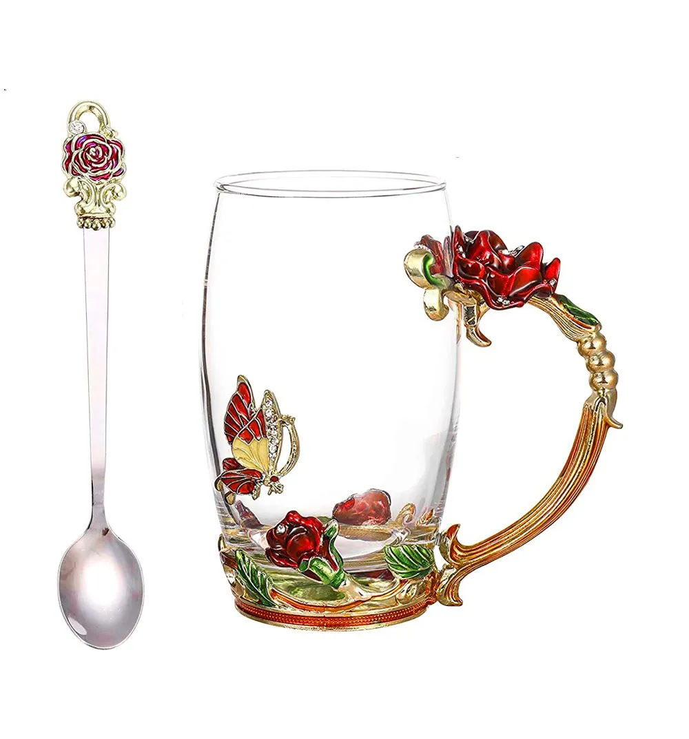 Enamel Butterfly Flower Glass Coffee Mug with Spoon