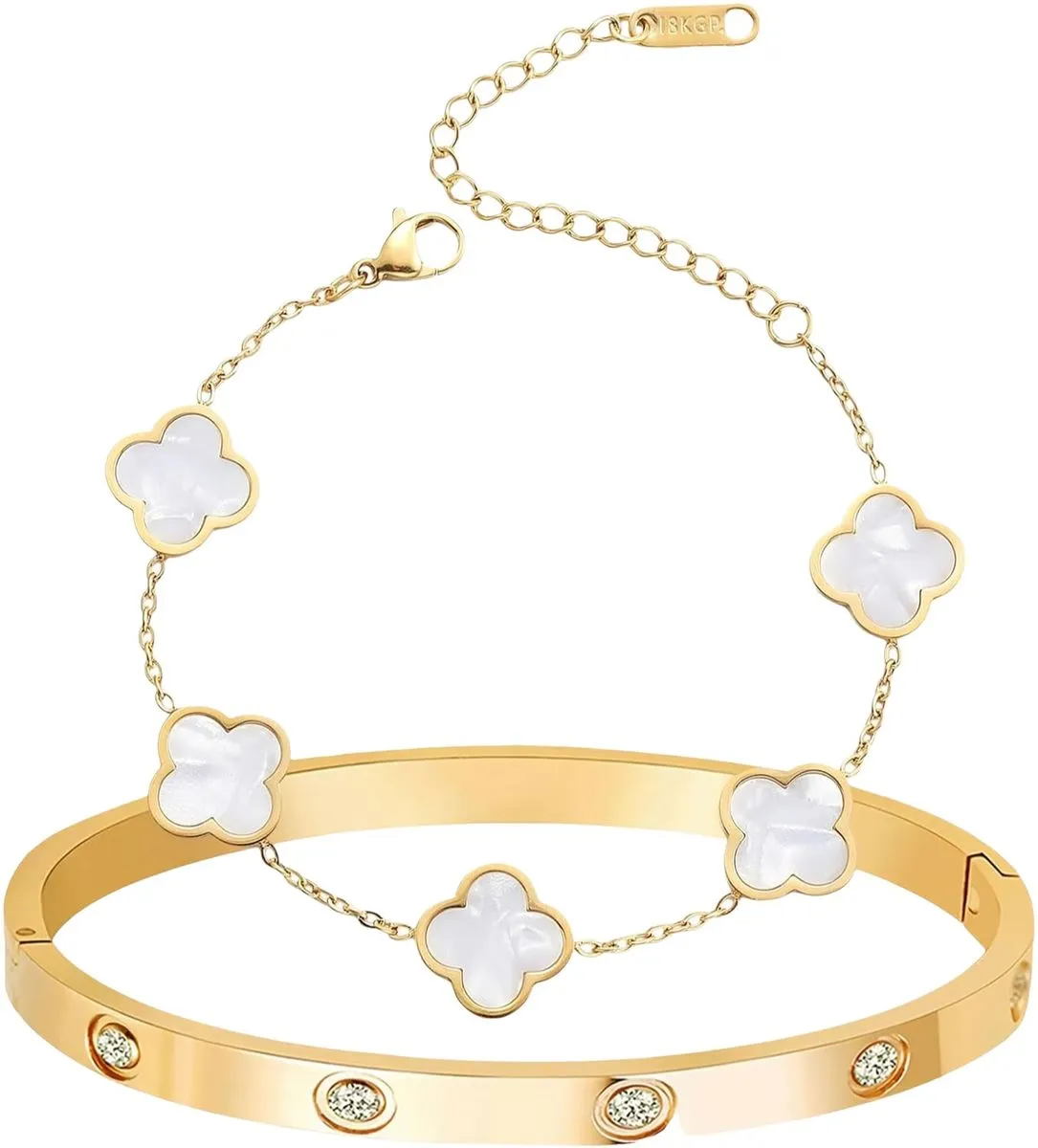 18K Gold Plated Four Leaf Clover Bracelet Set Stack Bracelets Bangle Love