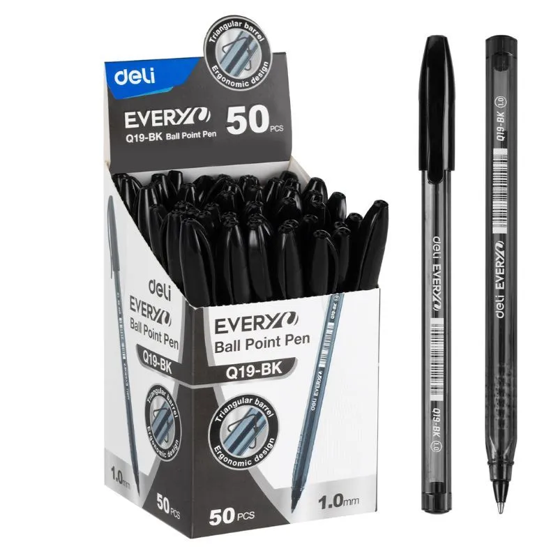 Deli EVERY Ballpoint Pen tip 1.0mm Transparent Barrel - Box of 50 - Black