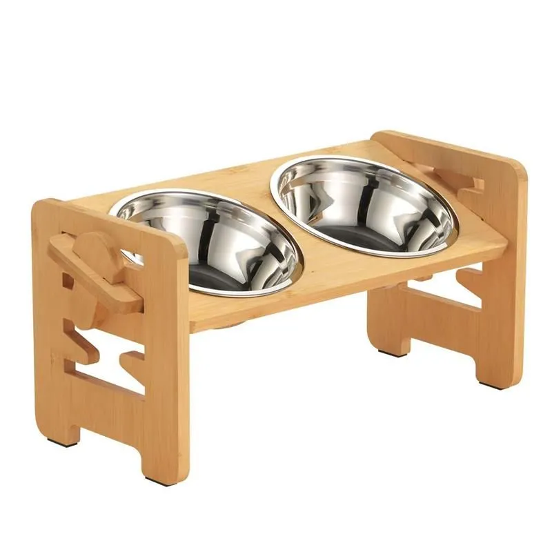 Pet Double Bowl Adjustable Wooden Frame Neck Protector Feeder