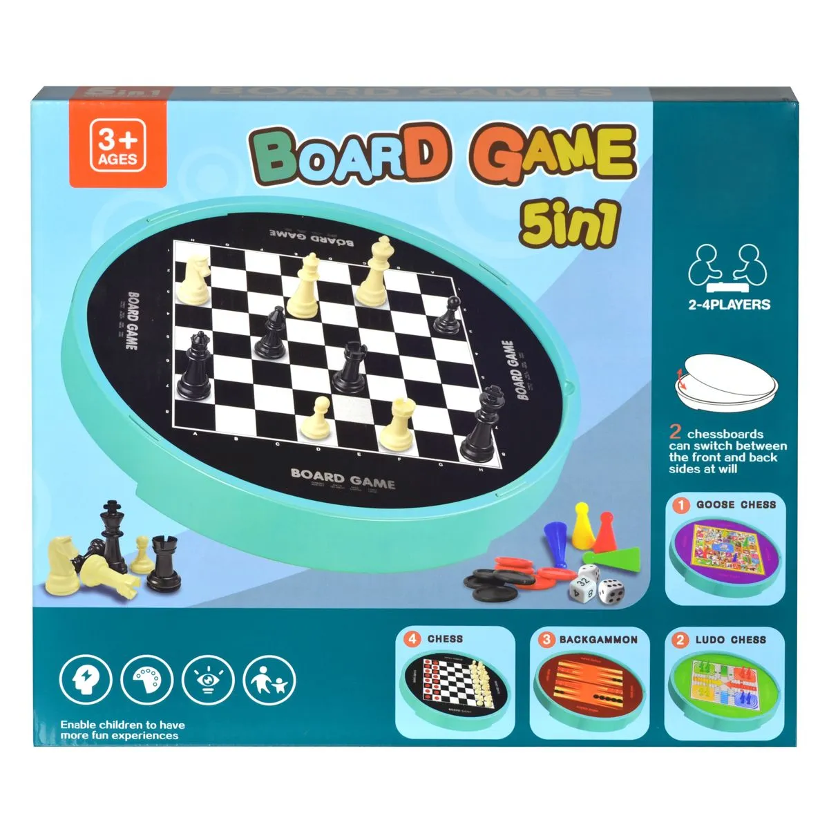 5-in-1 Family Fun Board Games - Chess, Checkers, Backgammon, Ludo & Goose