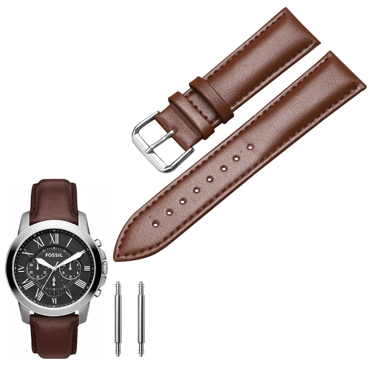 Leather Watch Strap Compatible With Fossil / Garmin / Huawei - 22mm - Brown
