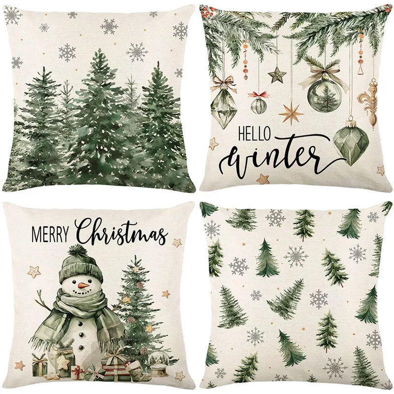 4 Pack Christmas Throw Pillow Covers, 45×45cm, Linen-Like, Winter Holiday