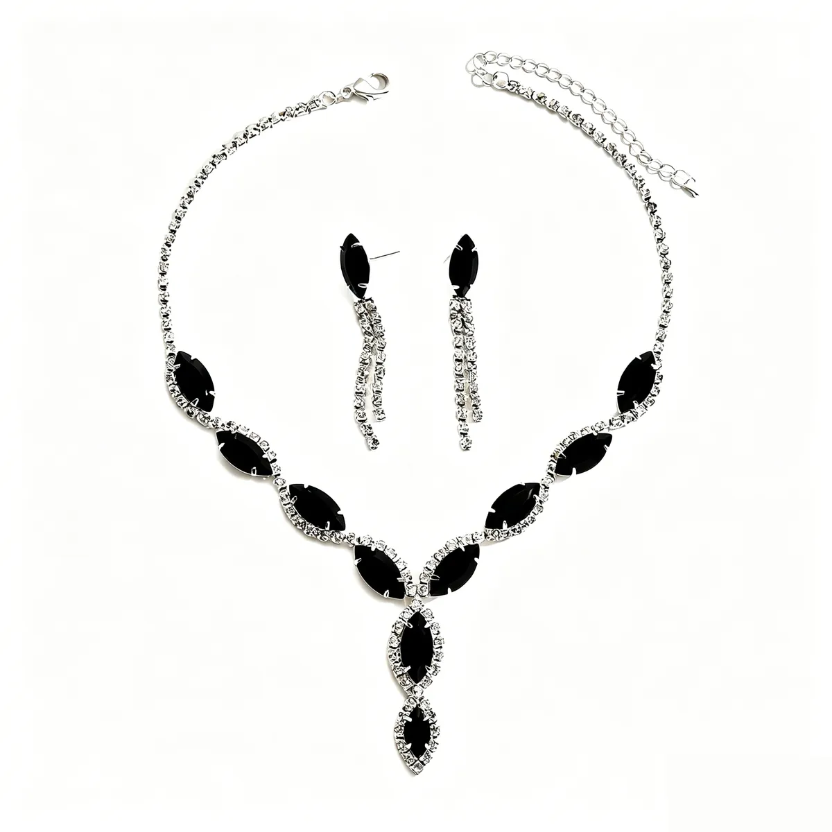 MEBUPOL Crystal Bridal Jewelry Set Rhinestone Pendant Necklace - Black