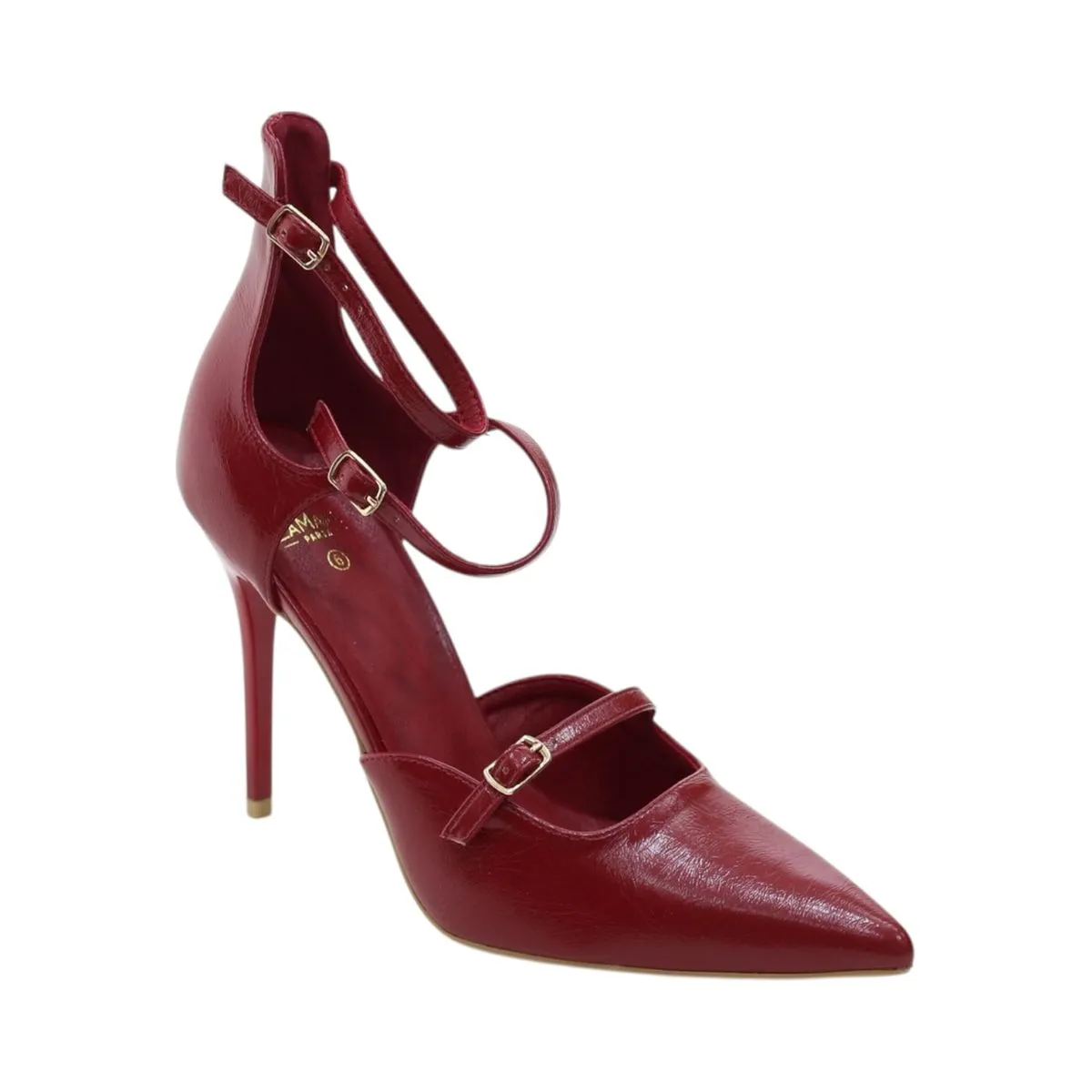 LaMara Paris Moss Triple-Strap Pointed Stileto 10.5cm Heel With Buckles Red