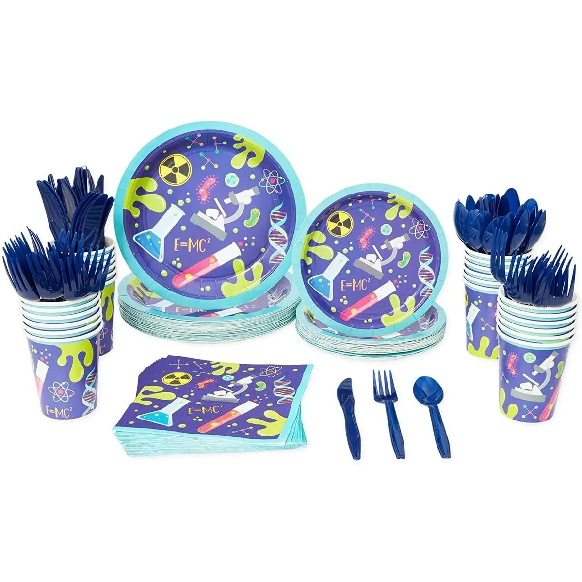 144pcs Science Party Supplies with Paper Party Plates Cups Napkins Cutlery