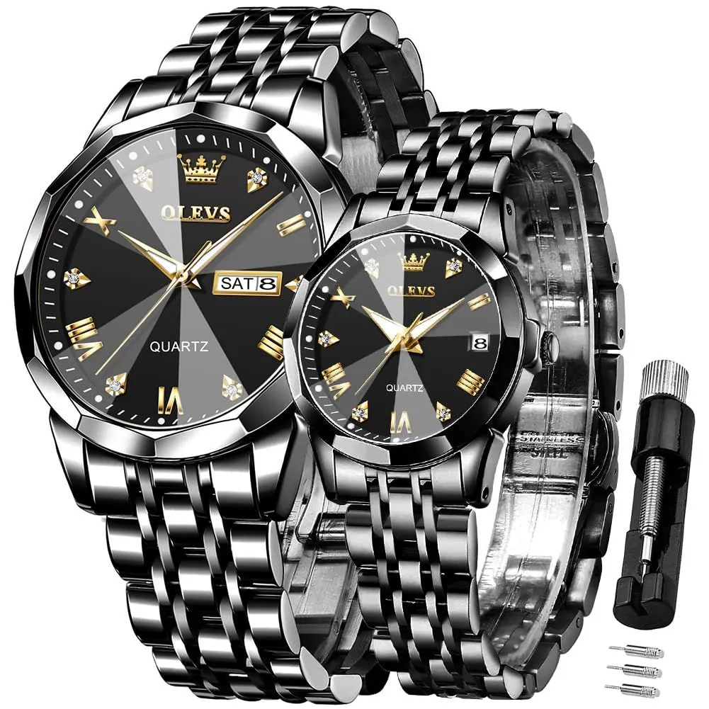 MEBUPOL Valentines Couple Pair Quartz Calendar Date Window 3ATM Waterproof - Black