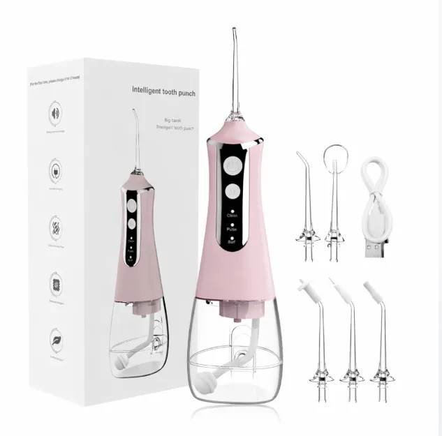 Pink Cordless Water Flosser Oral Irrigator with 5 Nozzles, 300ml Tank