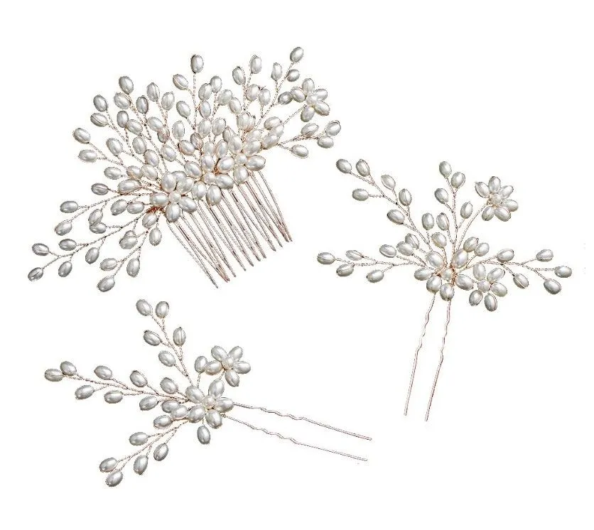 Hair Accessories - Faux Pearl Hair Pins on Branches Comb and Hair Pins - Gold