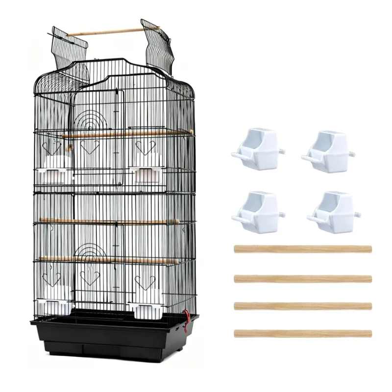 Parrot Cage Large Open Top With 4 Feeding Bowls And 4 Perches Black