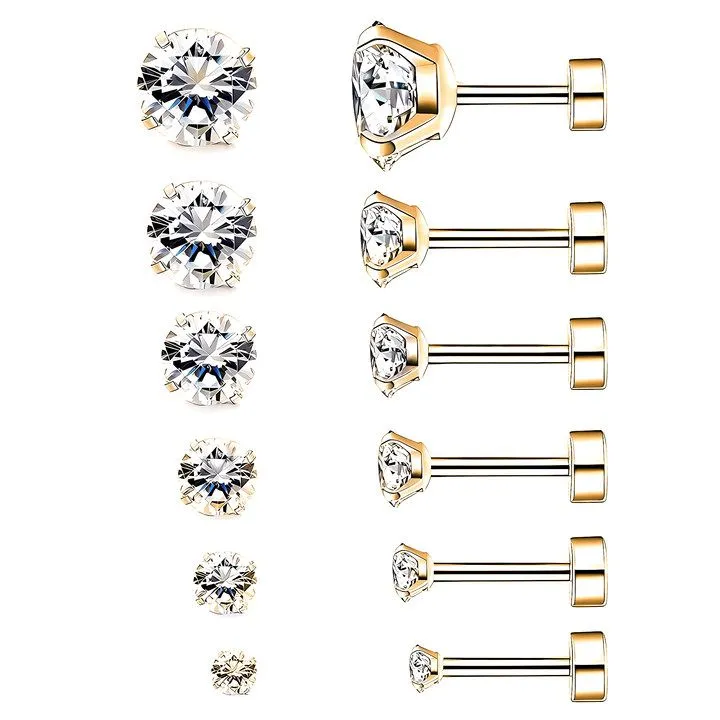 6PCS Zircon Double-Headed Earrings Set, Stainless Steel Waterproof Earrings - Gold