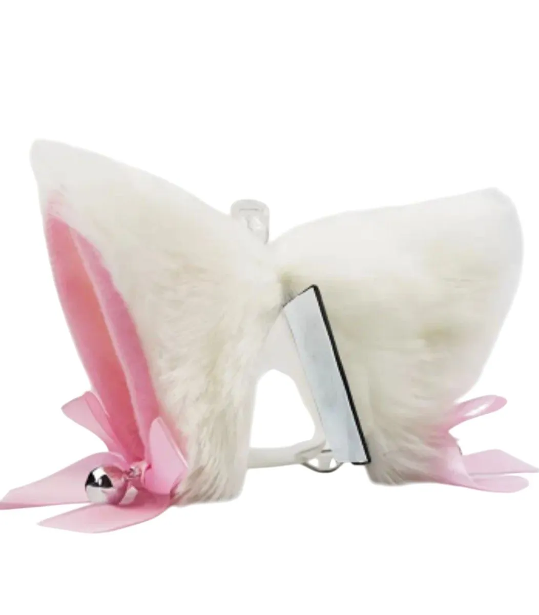 2 Piece Motorcycle Soft Faux Fur Helmet Ears with Bow and Bell - White