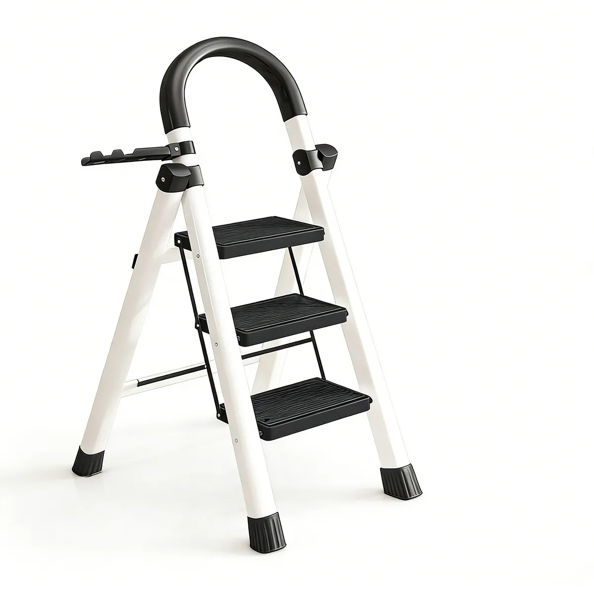 3-Step Stainless Steel Folding Step Ladder with Handgrip Non-Slip - White