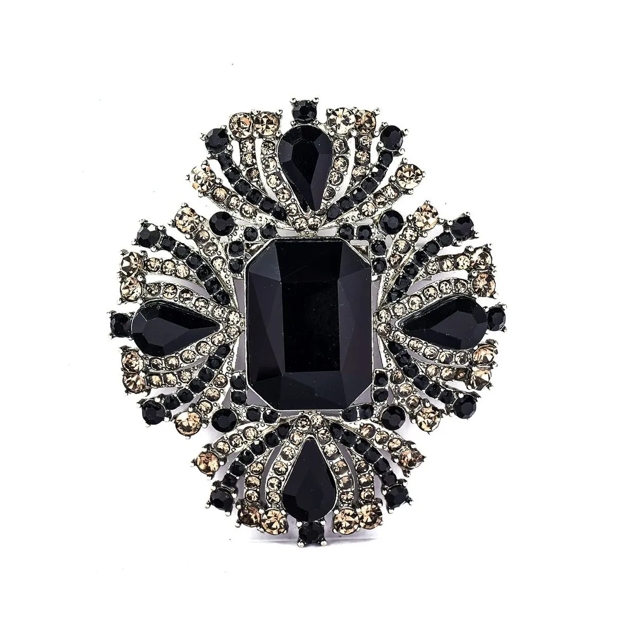 OM Gift Vintage Austrian Crystal Rhinestone Cross Flower Brooch - Black