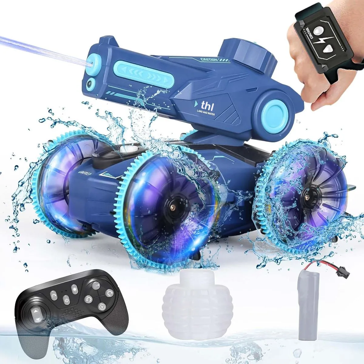 thl 3-in-1 Remote Control Car for Land & Water, RC Boat & Water Gun - Blue