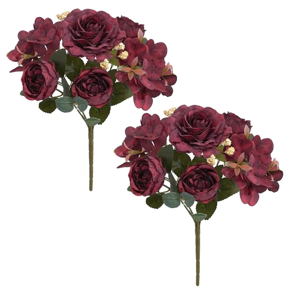 Artificial Peonie and Rose Flower Bundle - Set of 2 - 30cm - Maroon