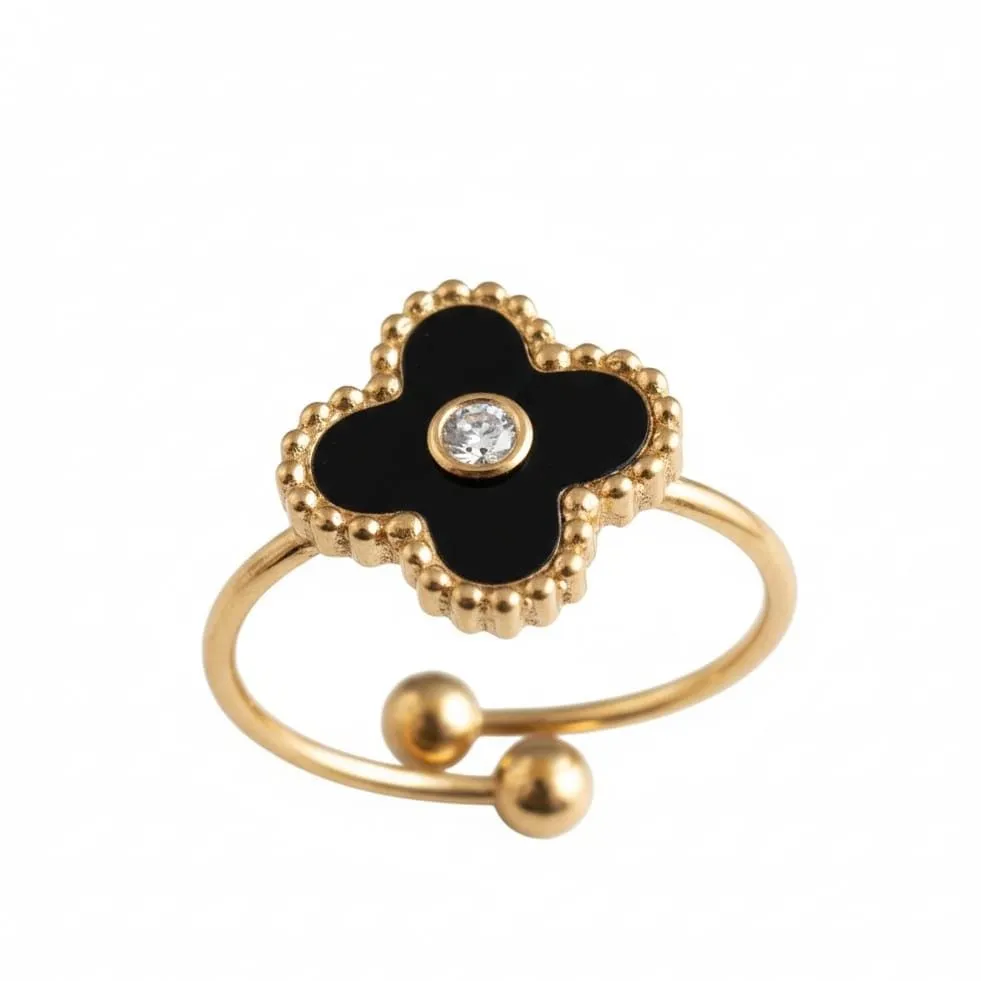 Gold Clover Ring with White Pearl and Diamond, Four Leaf Design | Indian - Black