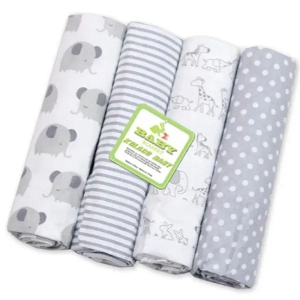 Baby Receiver Blanket - 4 Pack - Cotton Flannel - White and Grey