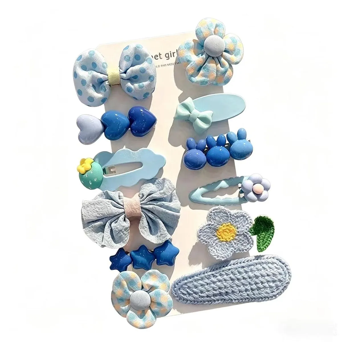 Kids Fabric Cartoon Hair Clips Set 12 Pieces Non-Repeating Hair Barrettes - Blue
