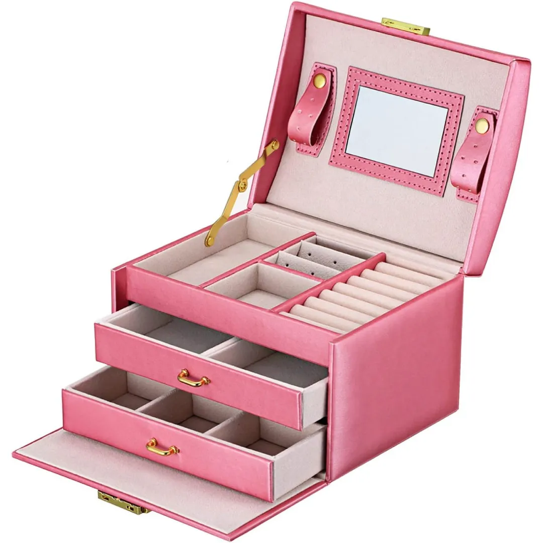 3 Layers Jewellery Box for Woman with Mirror and Key - Pink
