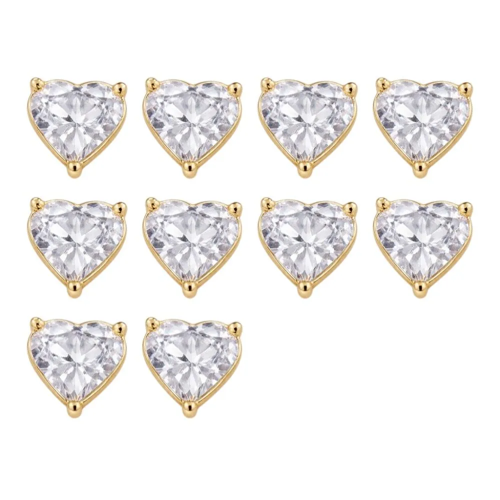 10 Pack - Heart-Cut Crystal Nail Art Charms - Gold