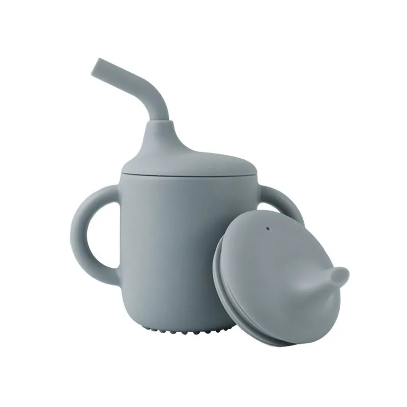 Dual Lid Silicone Baby Cup Two Way Spout Straw Toddler Drinking Mug - Blue