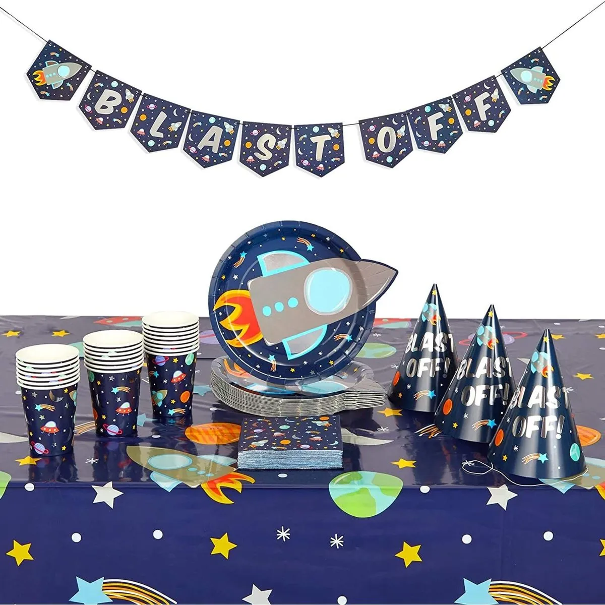 Topika - 99 Pieces Outer Space Party Set for Kids with Plates, Hats and Décor