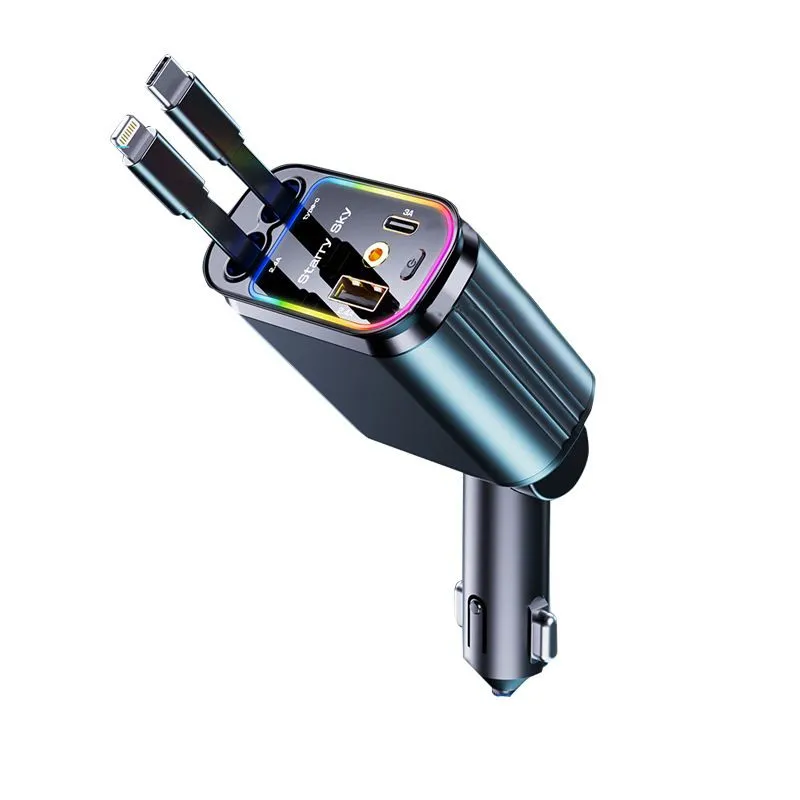 YLT 120W Super Fast Car Charger With Retractable Cable and Ambient Light