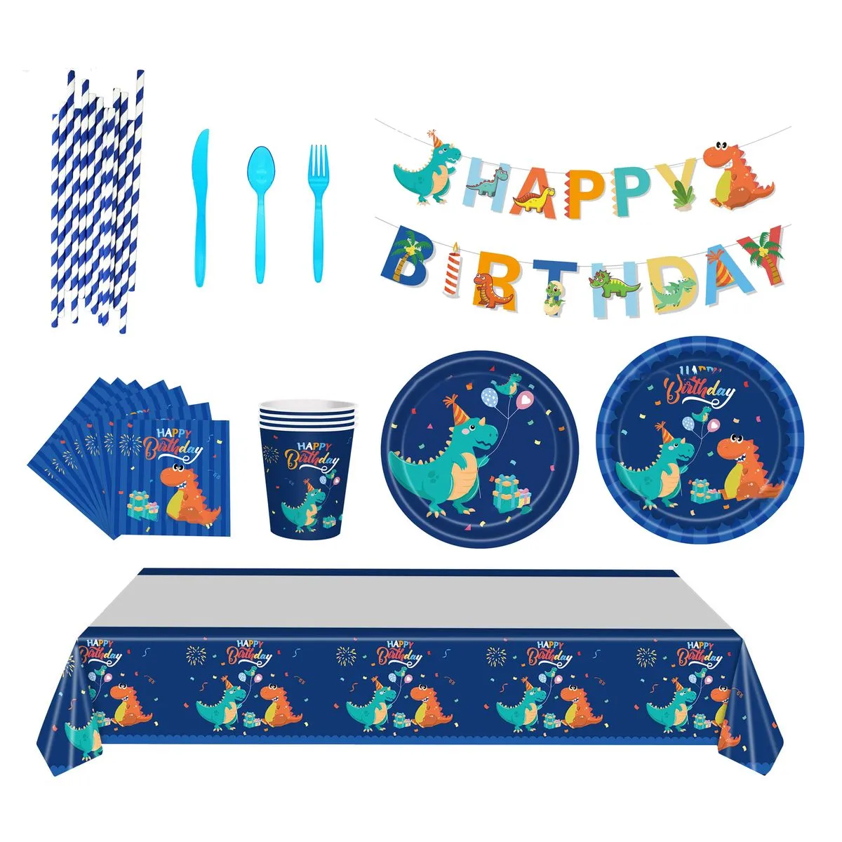 130 Piece Dinosaur Birthday Party Banner Disposable Tableware Set