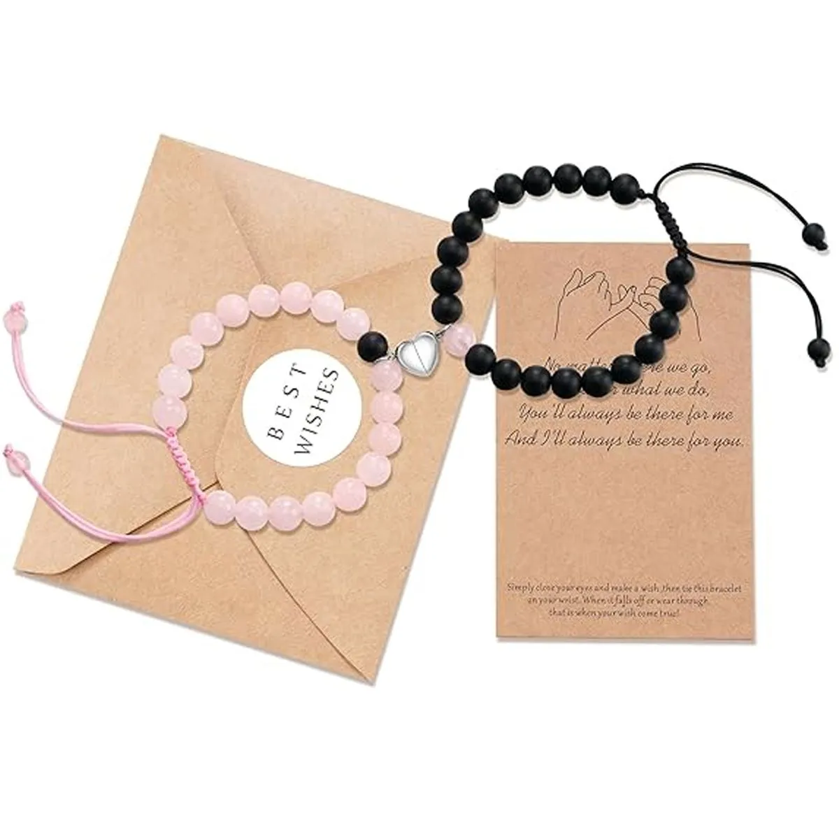 Couples Mutual Attraction Bracelets Matte Agate Love Charms Adjustable - Pink, Black