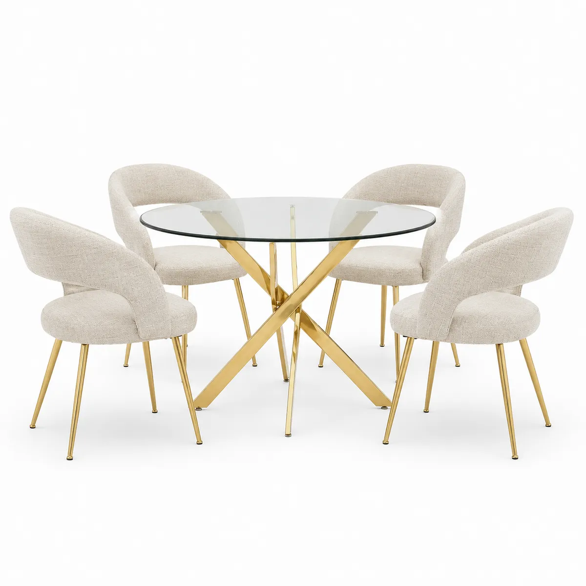 Embrace 4 Seater Glass Dining Table Set with Upholstered Cream Chairs