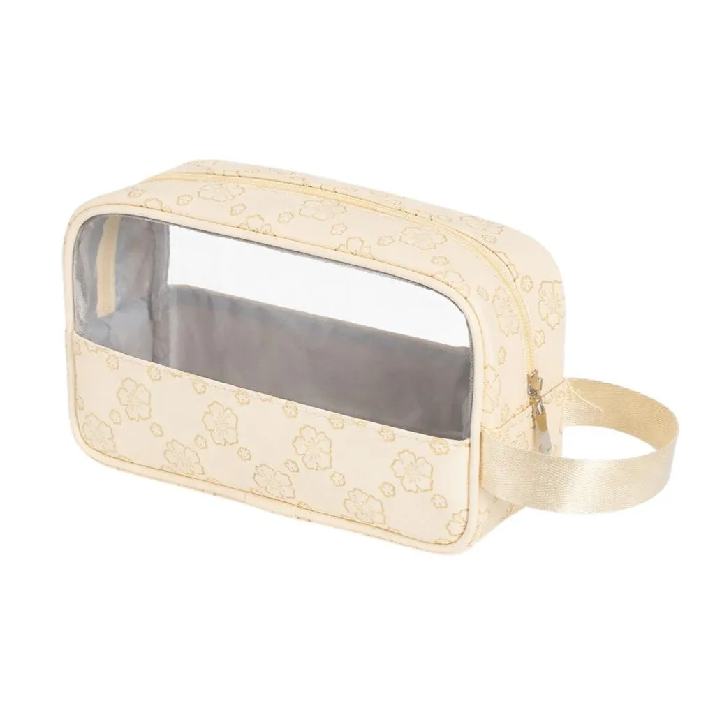 Floral Transparent Window Cosmetic Storage Bag - Cream