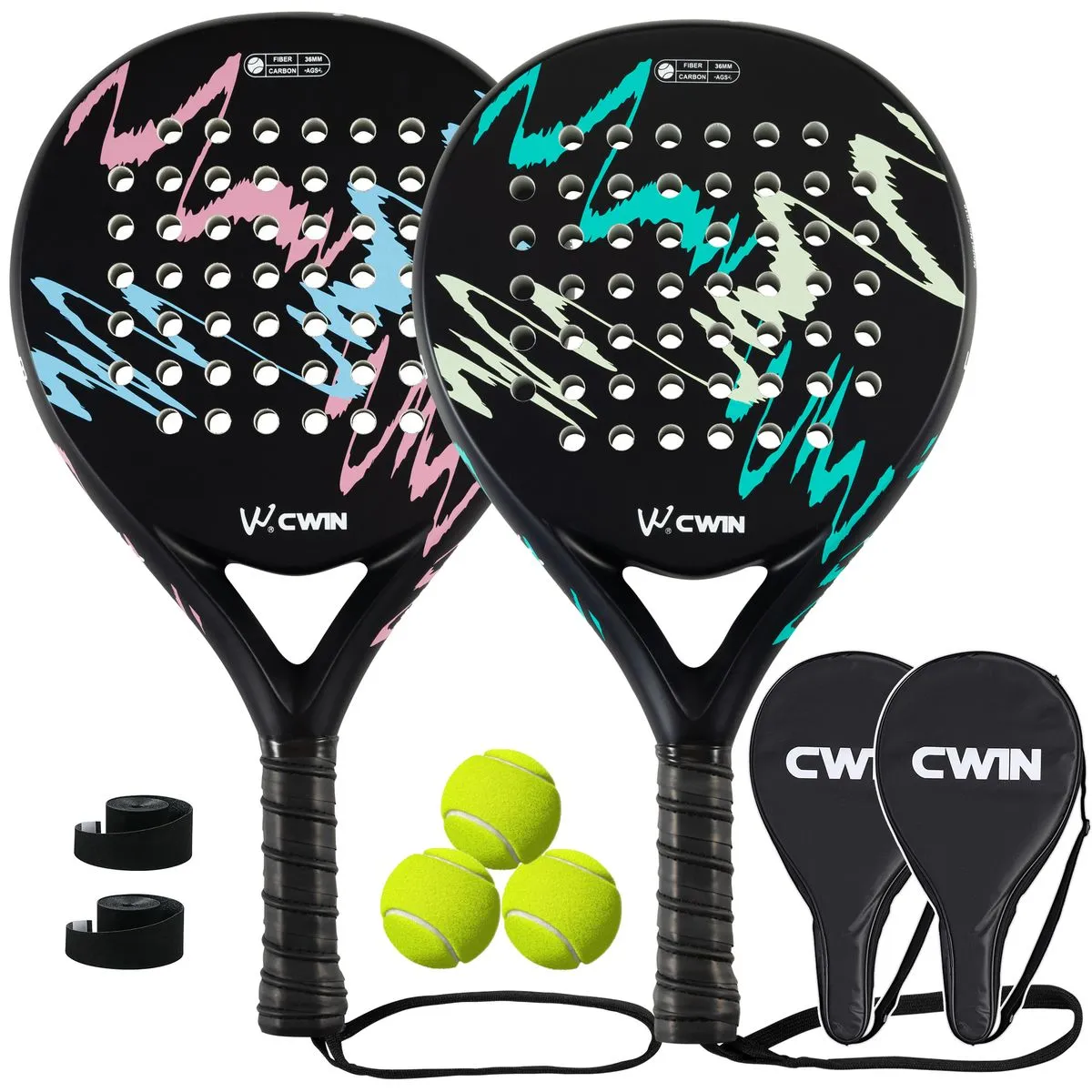 2 Padel Rackets with Covers, 3 Balls and 2 Grips, Carbon Fiber - Pink