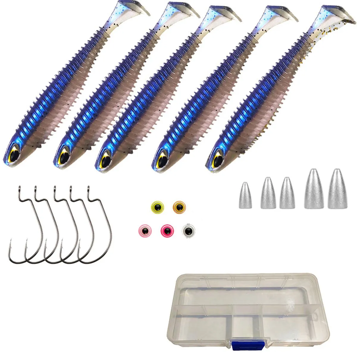 Texas Rig Kit - 21PC Bass Fishing Set with Swimbaits & Storage Case - Blue