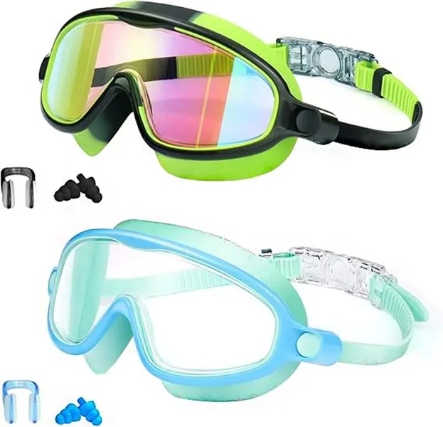 2 Piece Swim Goggles Anti-Fog Anti-UV Wide View Swimming Goggles for Kids 3-14