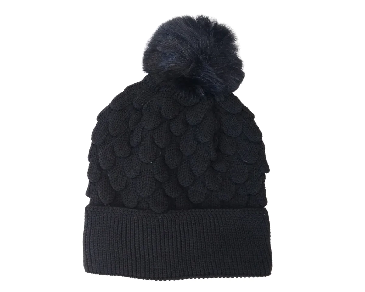 Chunky Knit Textured Scale Beanie with Pom-Pom - Black