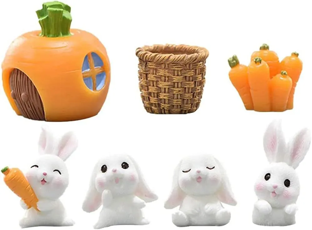 Radish Bunny Ornaments, Cute Rabbits and Carrot House for Plant Pot, Home