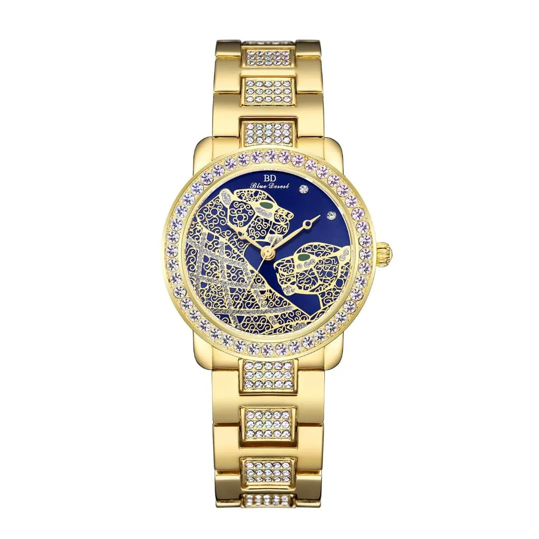 Shining Zircon Double Leopard Ladies Watch Elegant Gorgeour Watch - Gold
