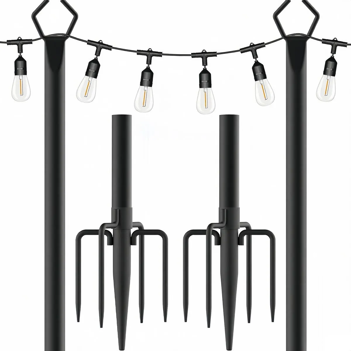2 PCS Metal String Light Poles Outdoor String Light Stand with Five Prong