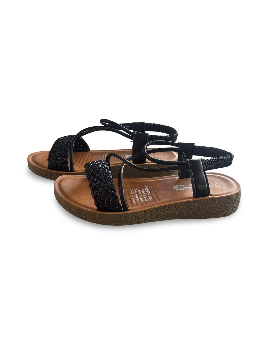 Women's Flat Braided Strap Sandals - Comfortable Elastic Slingback Black -
