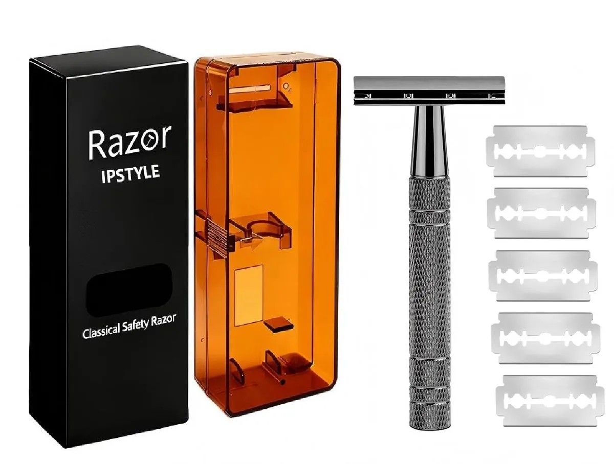 IPSTYLE Double Edge Shaving Razor With Case Include 5 Blades - Grey