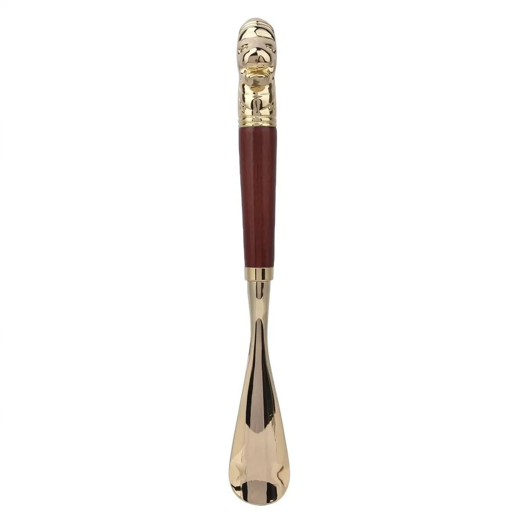 Long Handle Wooden Shoe Horn With Brass Lion Head