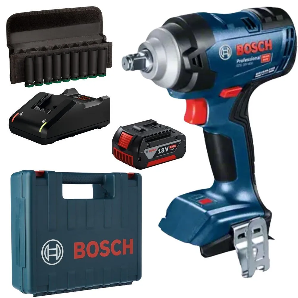 Bosch - Cordless Impact Wrench with 4.0Ah Battery, Charger & 9Pc Socket Set